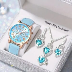 Women’s Luxury Blue Quartz Watch & 4-Piece Jewelry Set